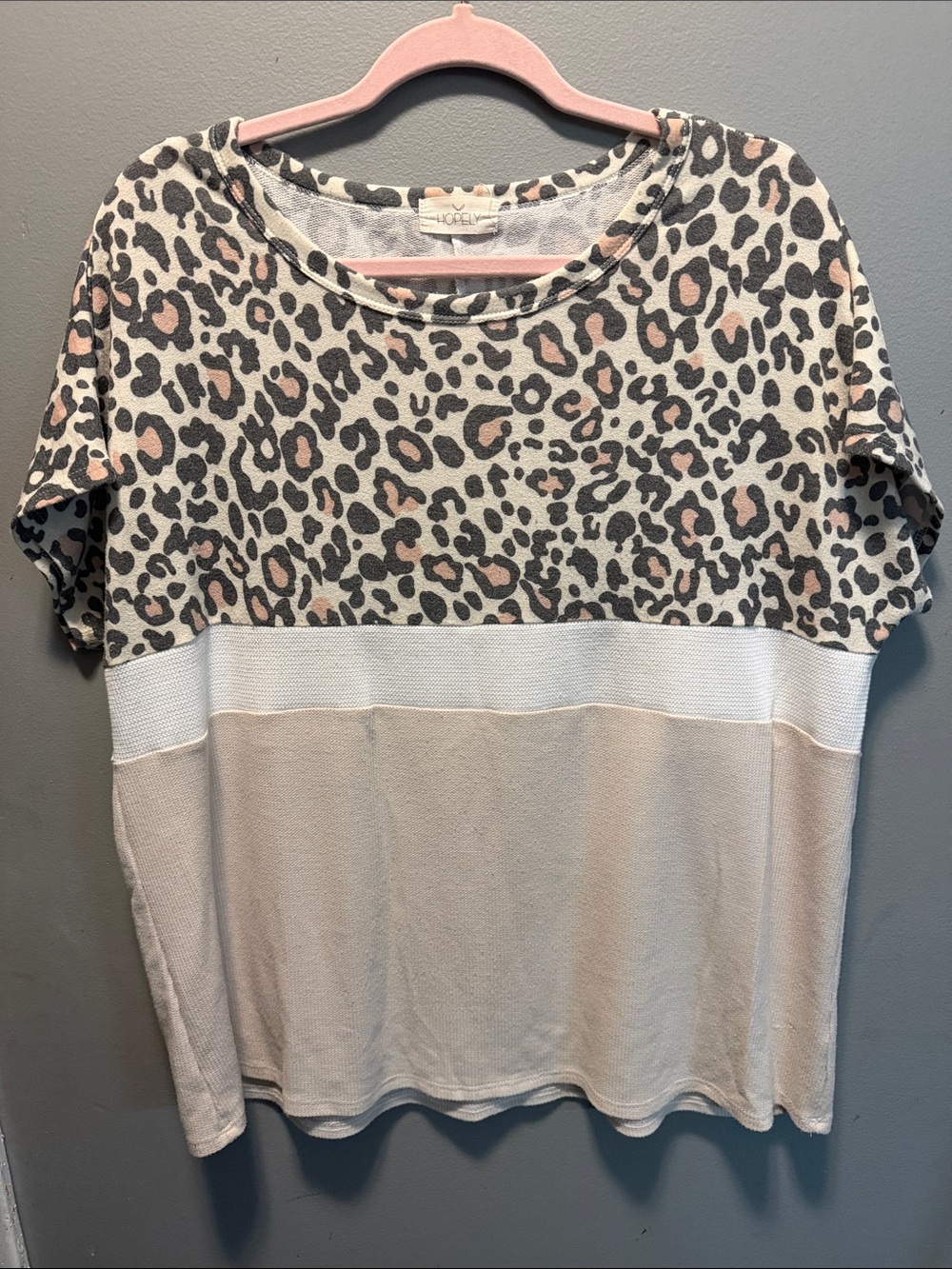 Lush Pink and Gray Leopard Colorblock Short Sleeve Top